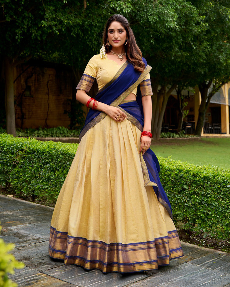 Navy Blue Kanchipuram Silk Half Saree Zari Weaving