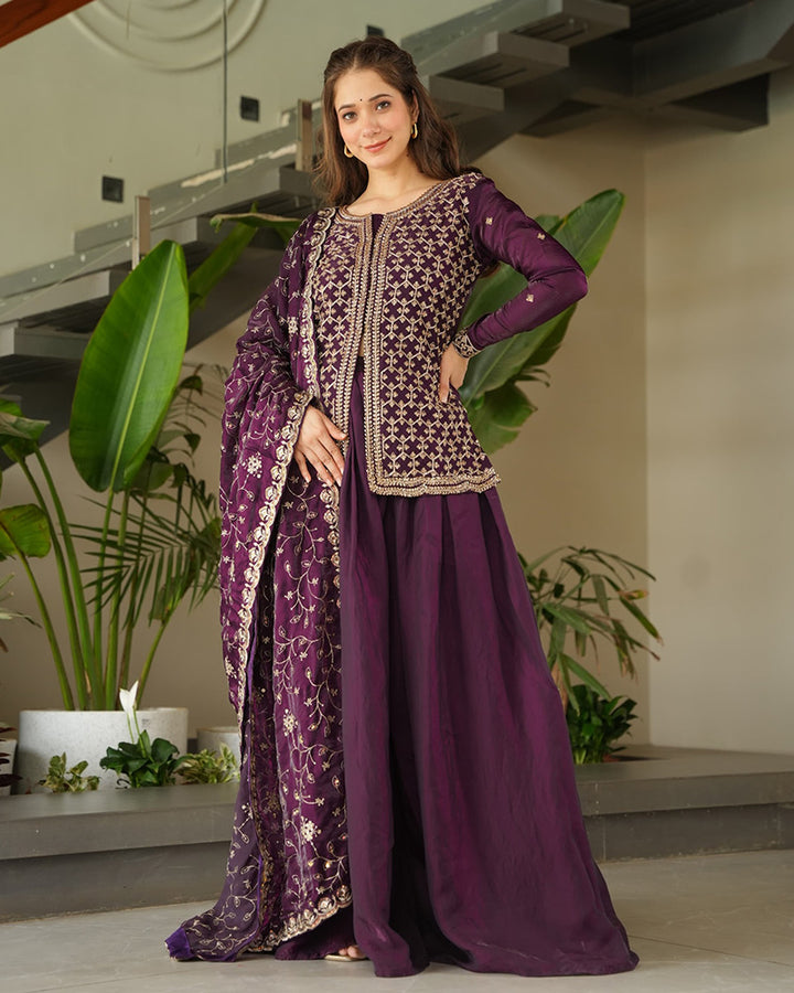 Elegant Wine Embroidered Sharara Set with Dupatta
