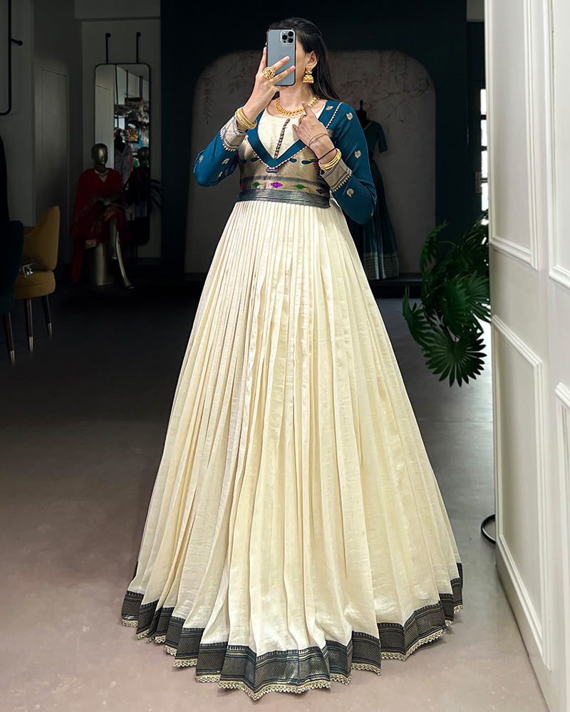 Off-White Color Vichitra Silk Zari Weaving Gown
