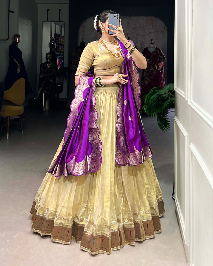 Designer Cream Color Erode Jacquard Paithani Silk Lehenga Choli