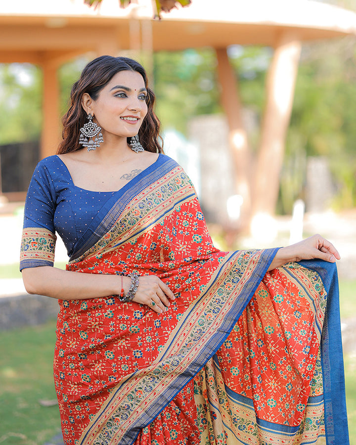 Red Color Foil Print Stone Work Dola Silk Saree