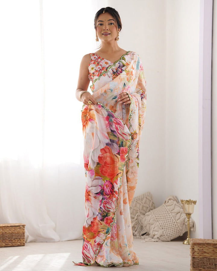 Peach Color Chinnon Silk Printed Saree