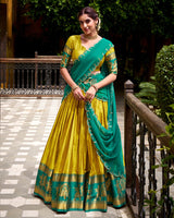 Yellow Color Poly Cotton Zari Weaving Half Saree