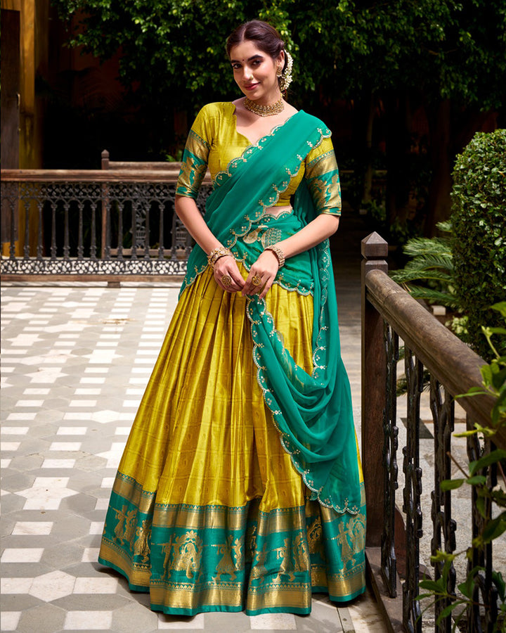 Yellow Color Poly Cotton Zari Weaving Half Saree