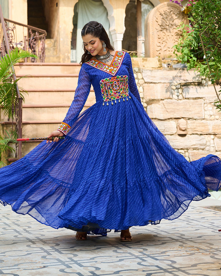Designer Blue Color Kutchi Embroidered Anarkali Gown