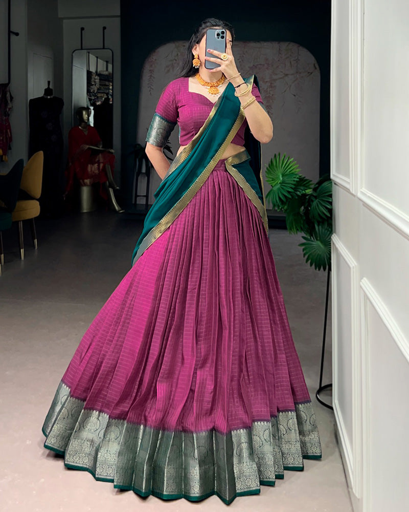 Pink Color Dola Chex Zari Weaving Half Saree