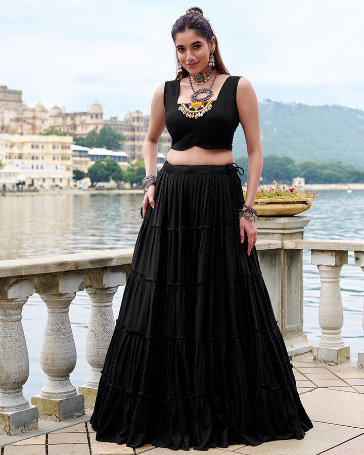 Black Color Pure Rayon Ruffle Style Navratri Lehenga Choli