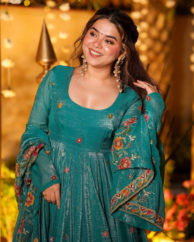 Teal Green Color Crunchy Silk Embroidered Sharara Suit