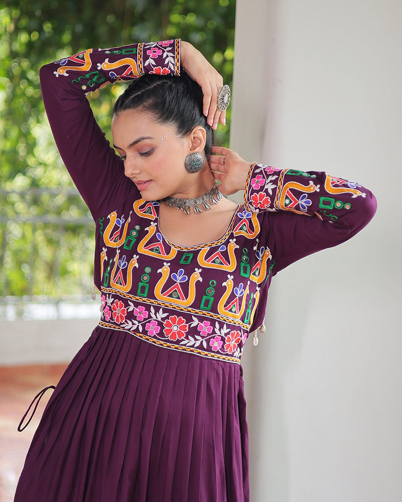 Navratri Wear Wine Color Rayon Kutchi Work Kurti