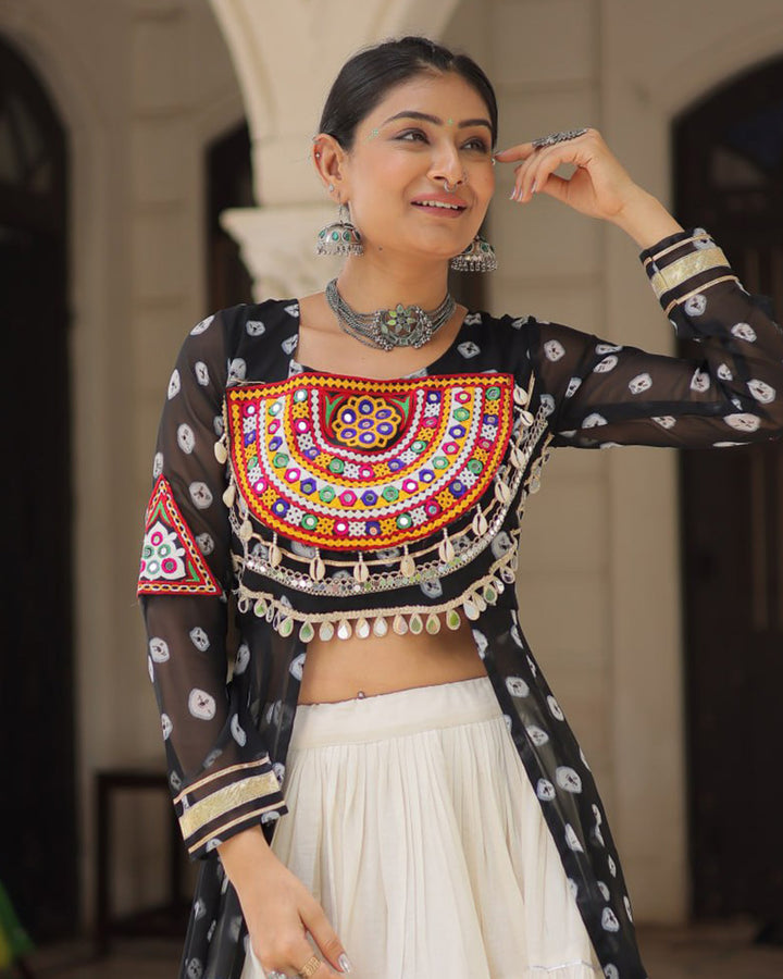 Black Bandhani Print Gamthi Jacket Choli With Off-White Flared Lehenga