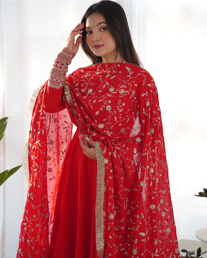 Red Color Soft Georgette Anarkali With Heavy Dupatta Work