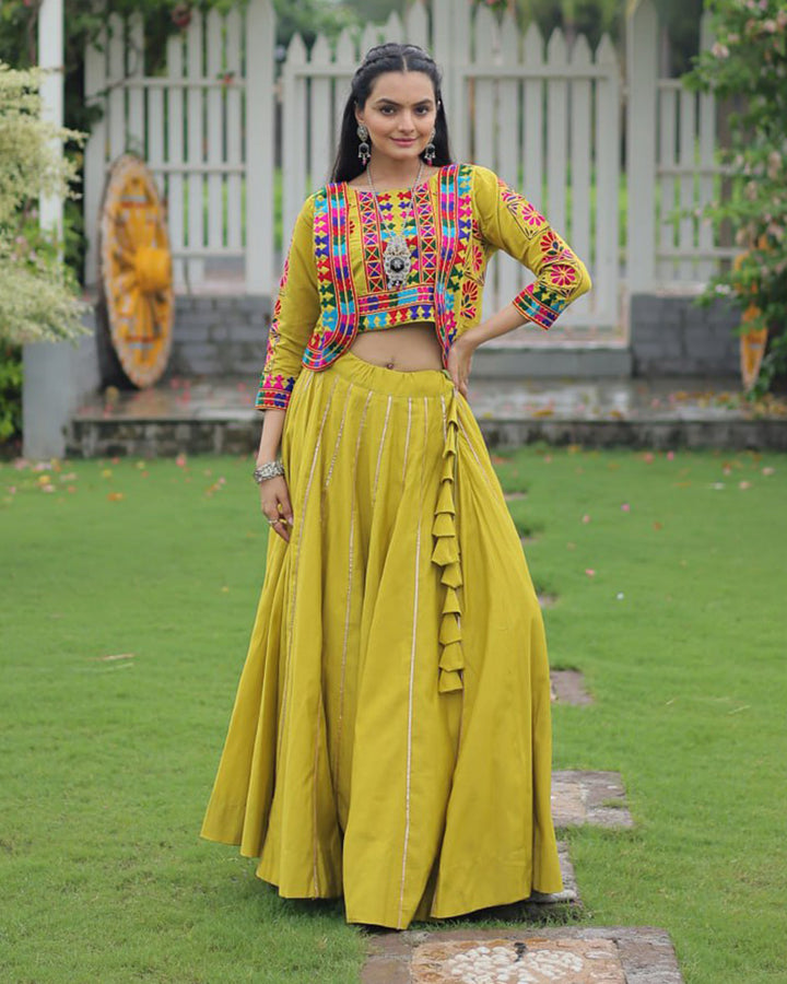 Lime Green Traditional Mirror Work Lehenga With Jacket Style Top