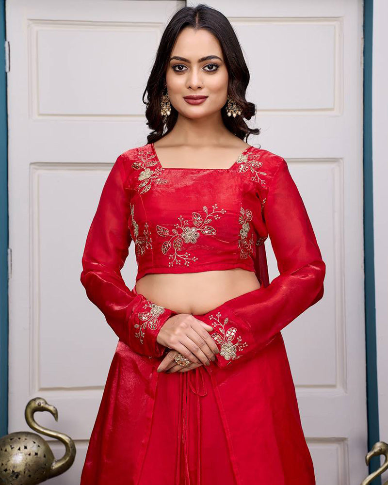 Red Color Fendy Satin Silk Embroidered Lehenga Choli