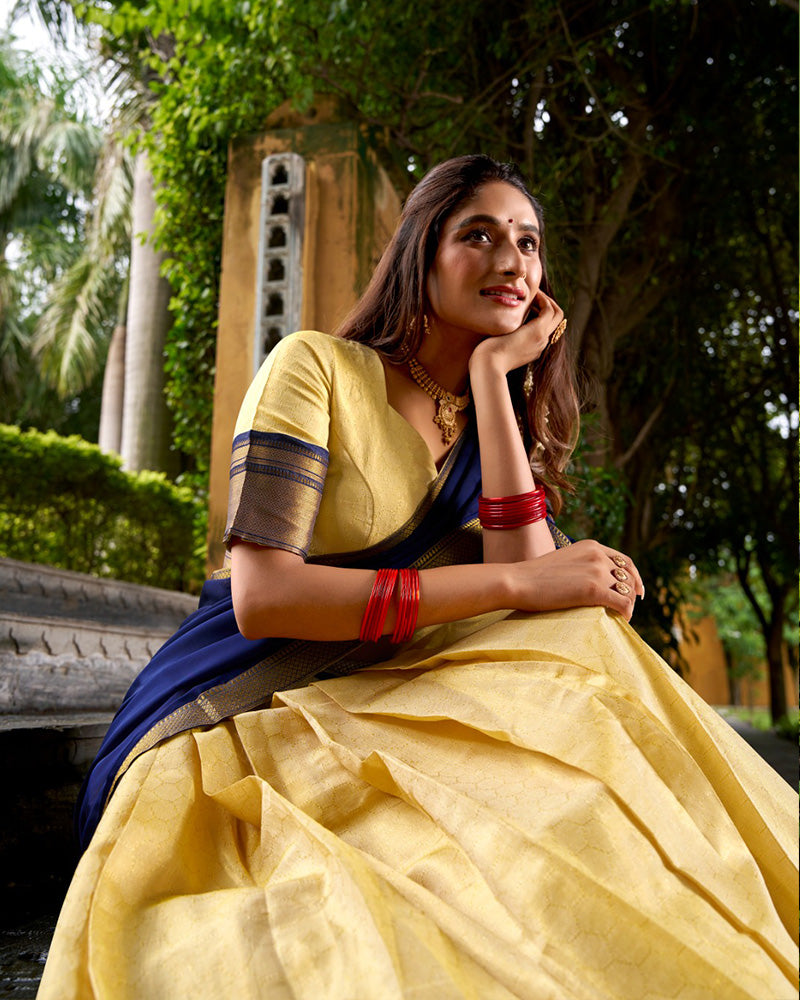 Navy Blue Kanchipuram Silk Half Saree Zari Weaving