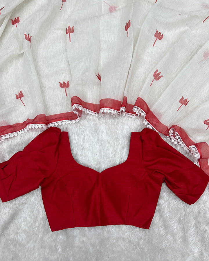 White Color Linen Printed Saree