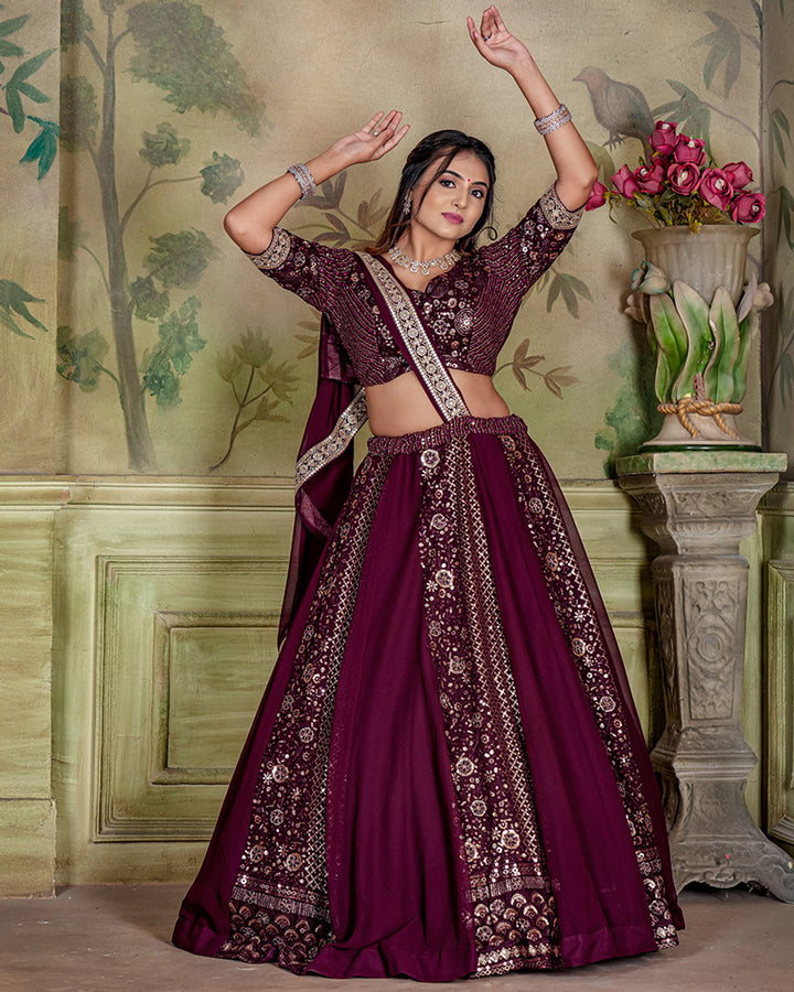 Wine Color Gerogette Sequence Embroidered Wedding Lehenga Choli