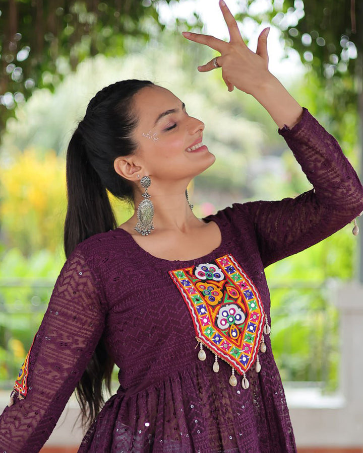 Wine Color Georgette Lucknowi Work Navratri Kediya