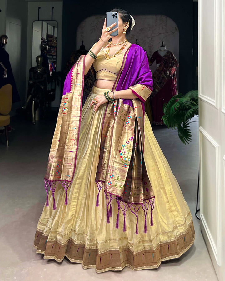 Designer Cream Color Erode Jacquard Paithani Silk Lehenga Choli