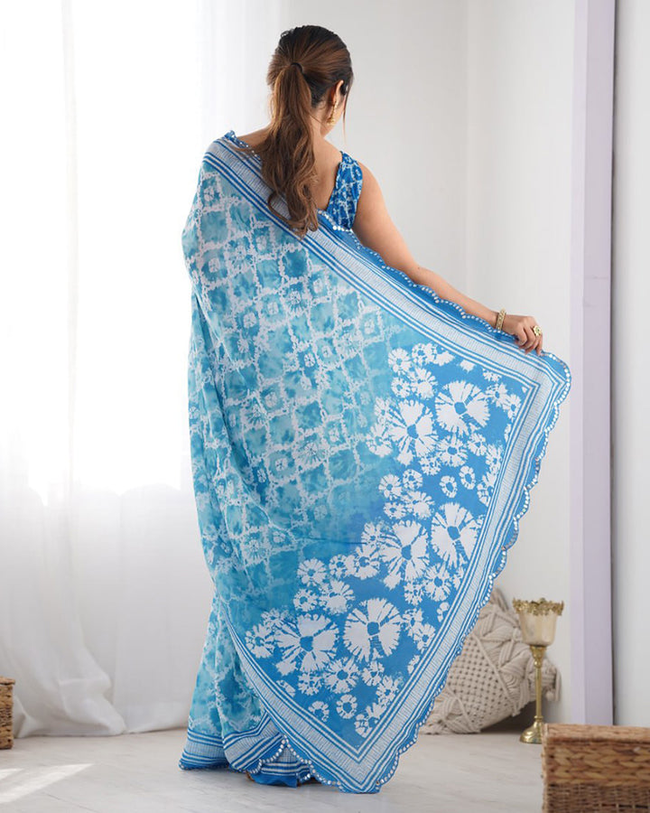 Sky Blue Color Chinnon Silk Printed Saree