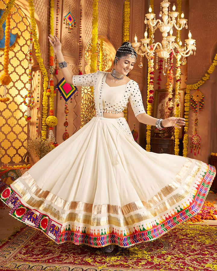 Elegant White Navratri Lehenga Choli With Rich Embroidered Accents