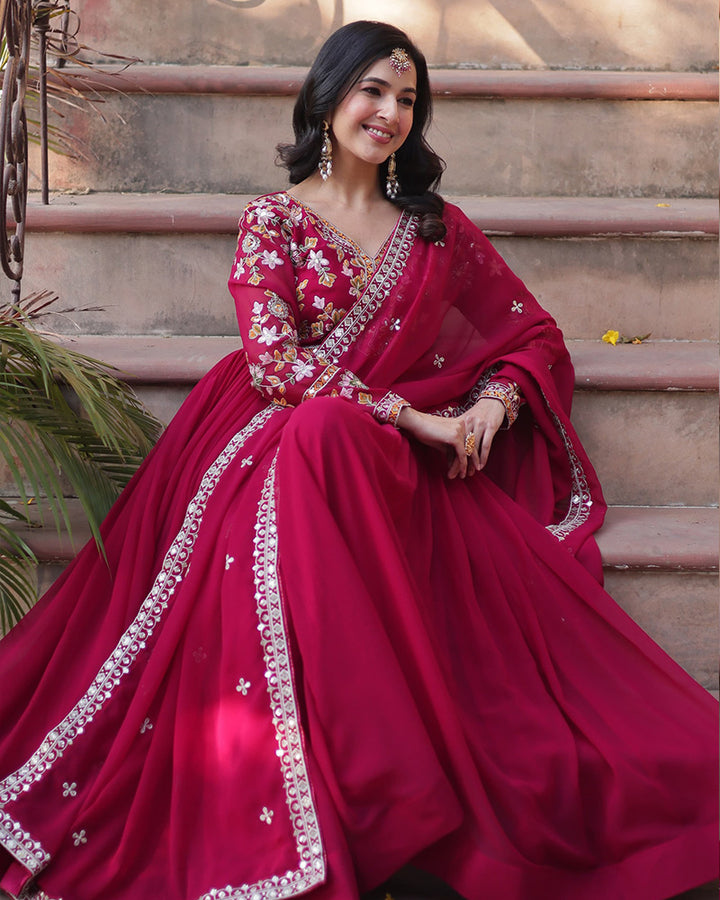Designer Rani Pink Color Gown With Sequence Embroidered Dupatta