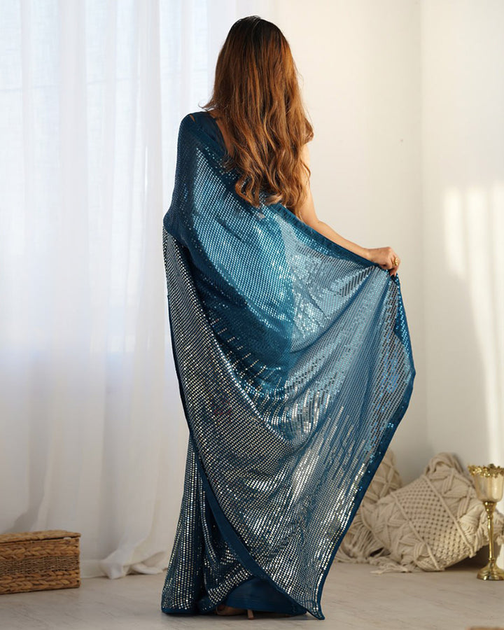 Rama Color Heavy Georgette Sequence Embroidered Saree