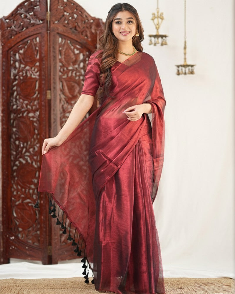 Maroon Color Handloom Raga Tissue Cotton Saree