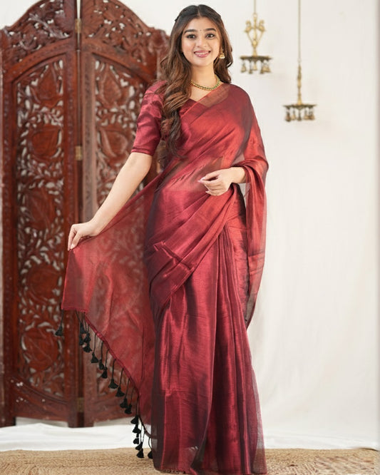 Maroon Color Handloom Raga Tissue Cotton Saree