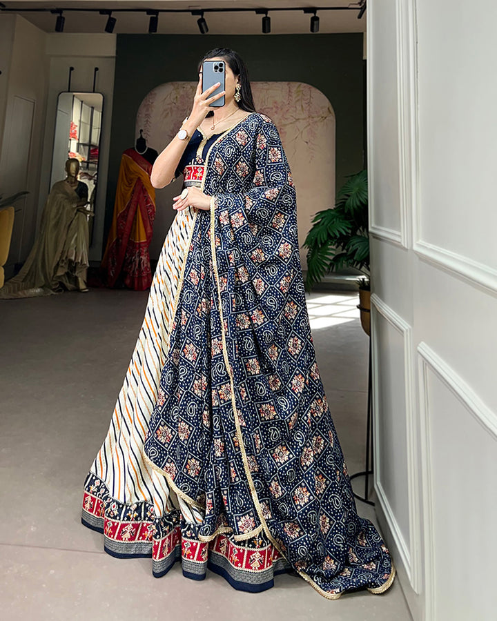 Laheriya And Patola Print Navy Blue Color Cotton Fully Stitched Lehenga Choli