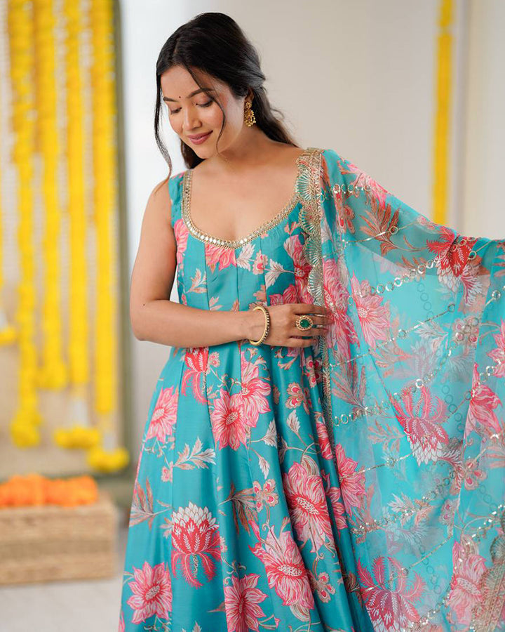 Turquoise Blue Color Muslin Cotton Printed Anarkali Suit