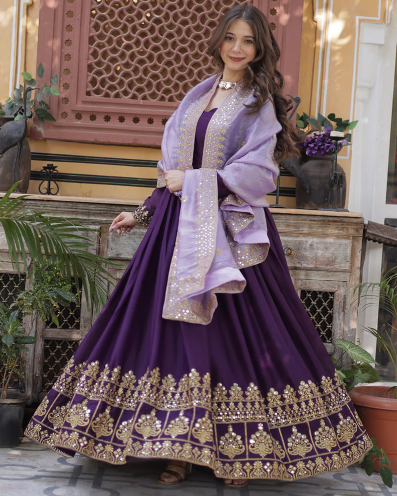 Royal Purple Zari Embroidered Anarkali Gown with Dupatta