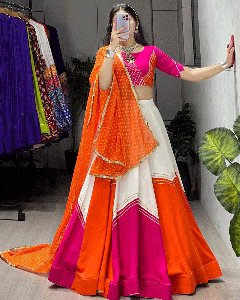 Pink And Orange Color Rayon Cotton Navratri Lehenga Choli