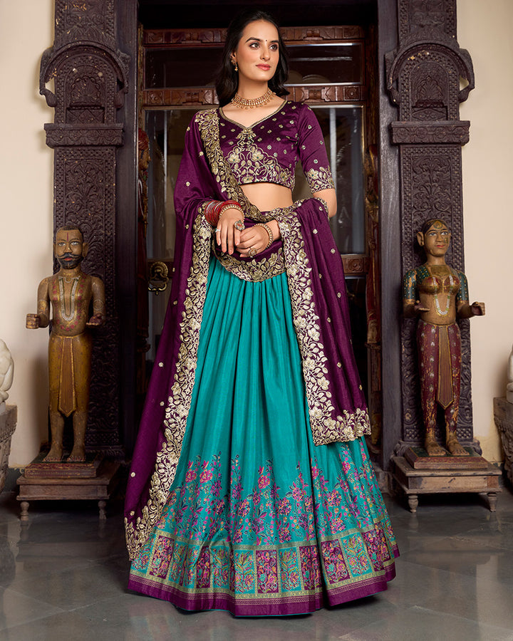 Firozi Color Tussar Silk Printed Lehenga Choli