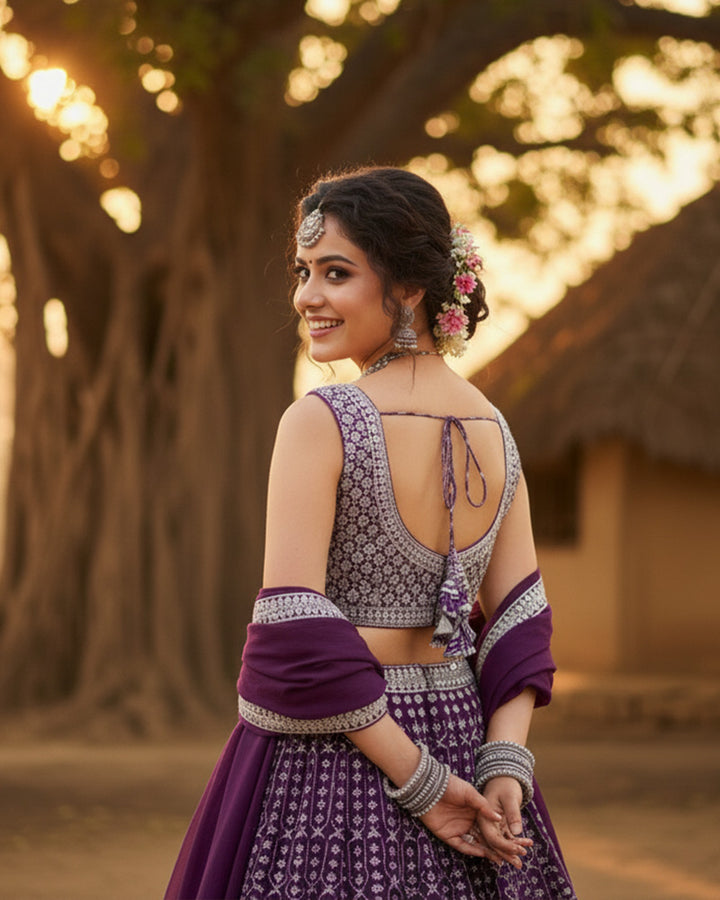 Wedding Wear Purple Color Georgette Embroidered Lehenga Choli