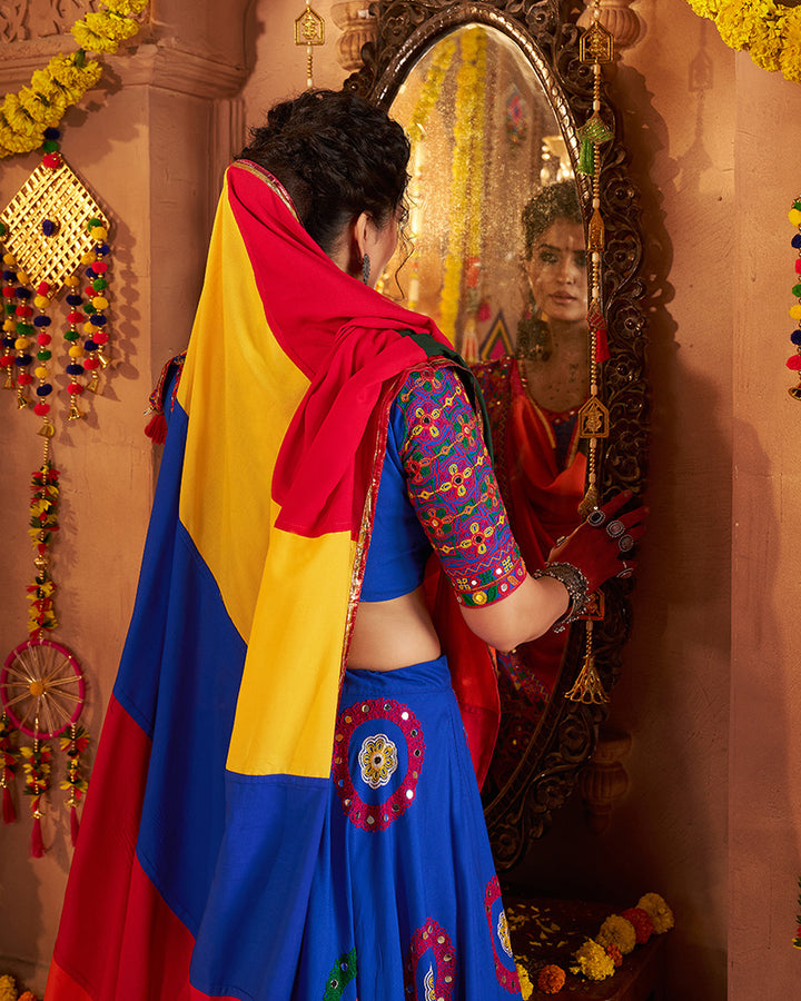Royal Blue Traditional Choli With Colorful Embroidery And Mirror