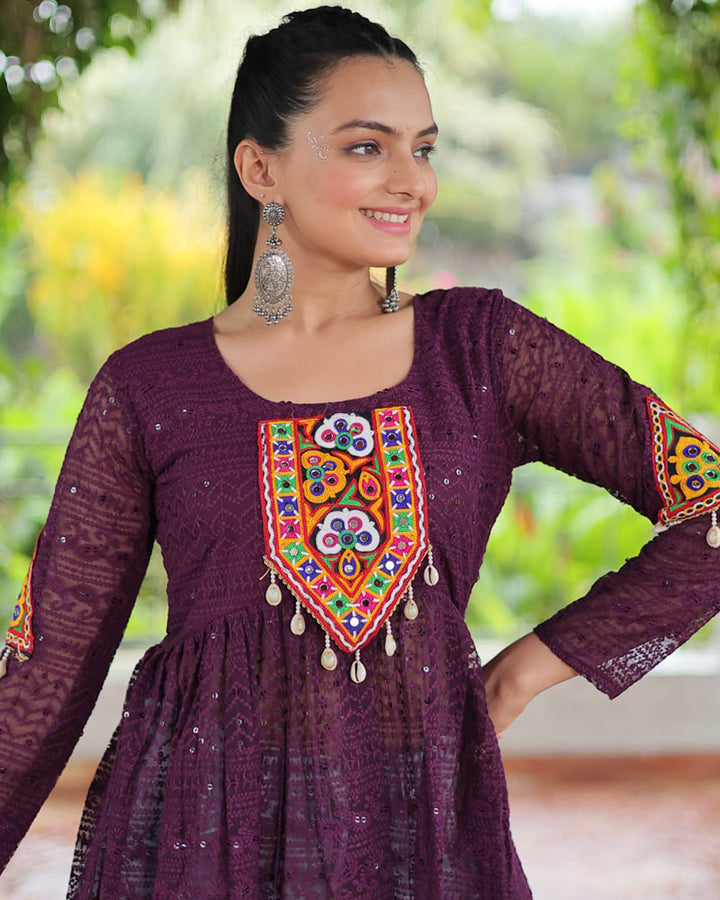Wine Color Georgette Lucknowi Work Navratri Kediya