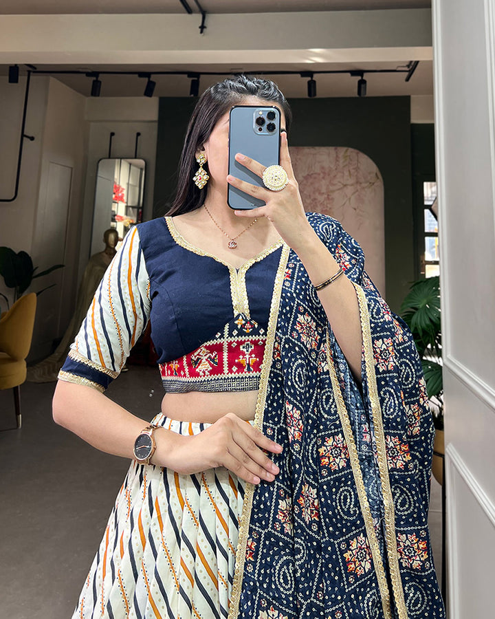 Laheriya And Patola Print Navy Blue Color Cotton Fully Stitched Lehenga Choli