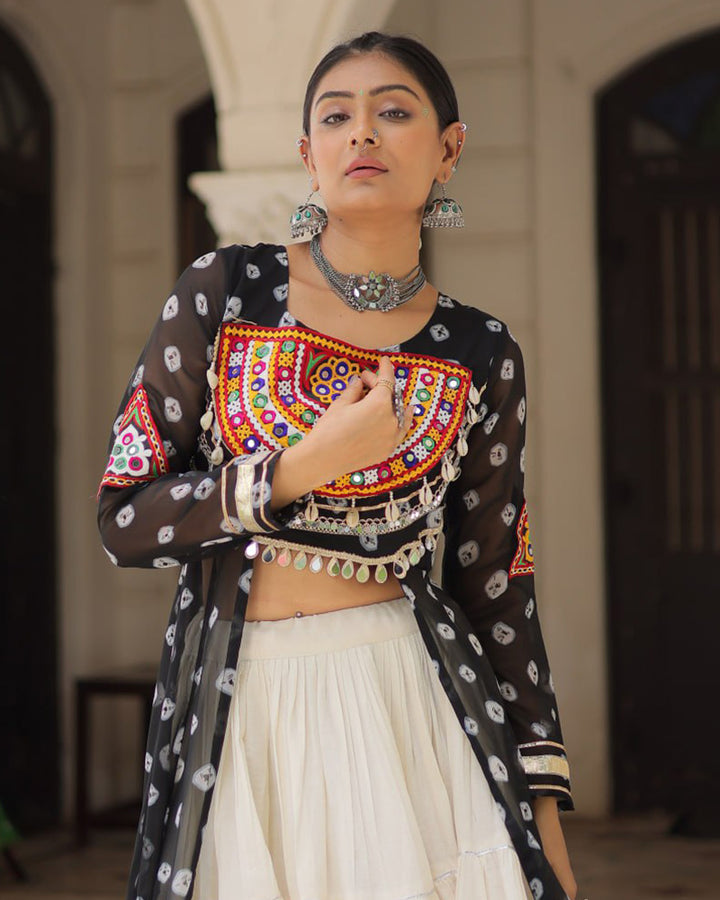 Black Bandhani Print Gamthi Jacket Choli With Off-White Flared Lehenga