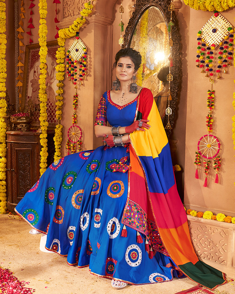 Royal Blue Traditional Choli With Colorful Embroidery And Mirror