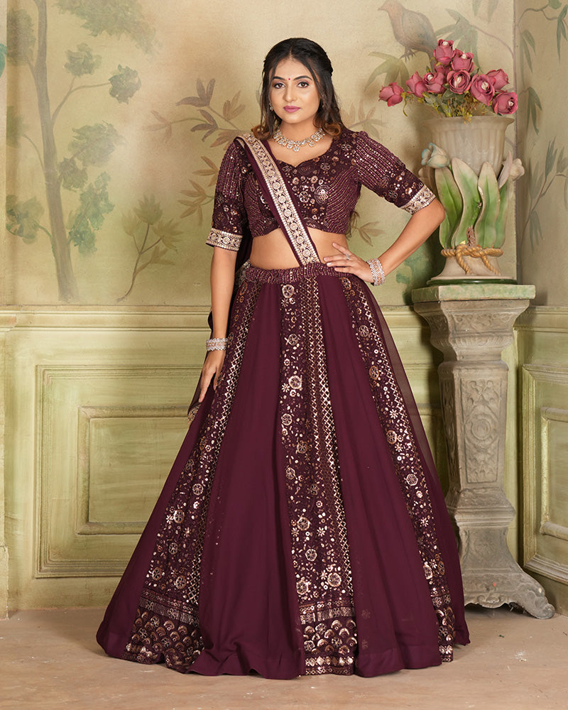 Wine Color Gerogette Sequence Embroidered Wedding Lehenga Choli