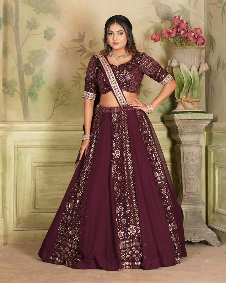 Wine Color Gerogette Sequence Embroidered Wedding Lehenga Choli