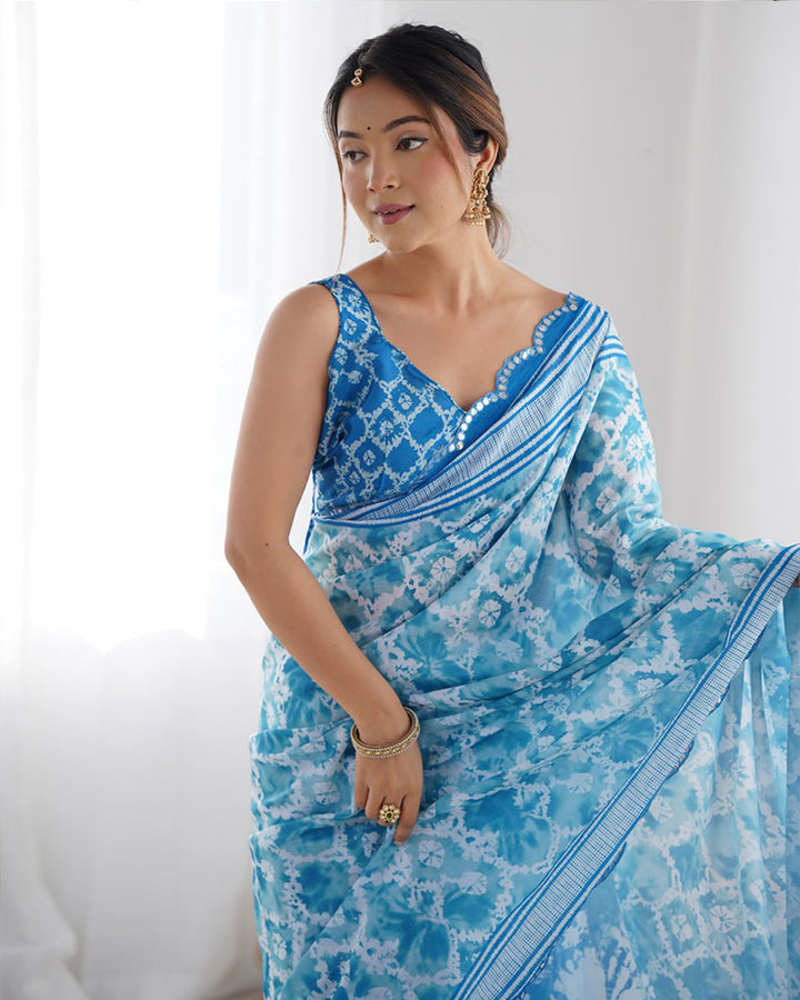 Sky Blue Color Chinnon Silk Printed Saree