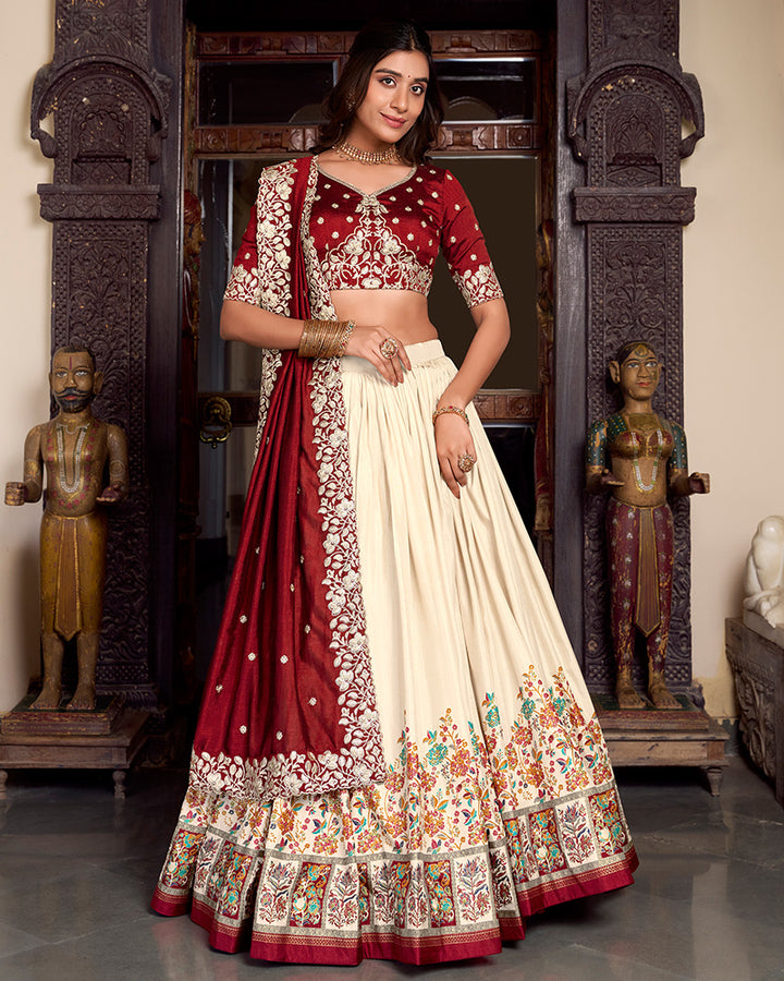 Off White Color Tussar Silk Printed Lehenga Choli