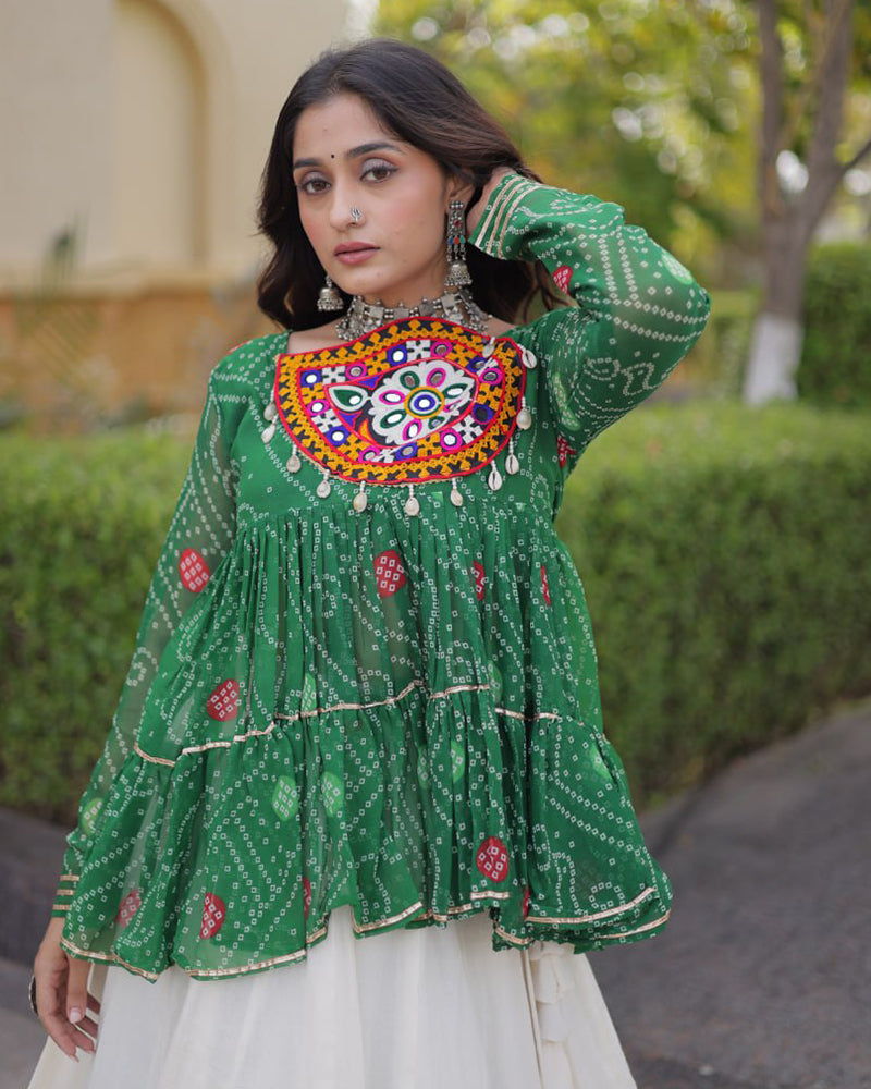Green Color Bandhani Printed With Kora Cotton Lehenga