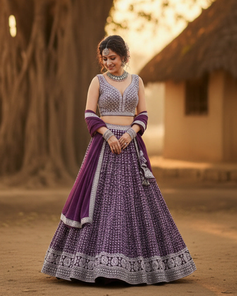 Wedding Wear Purple Color Georgette Embroidered Lehenga Choli