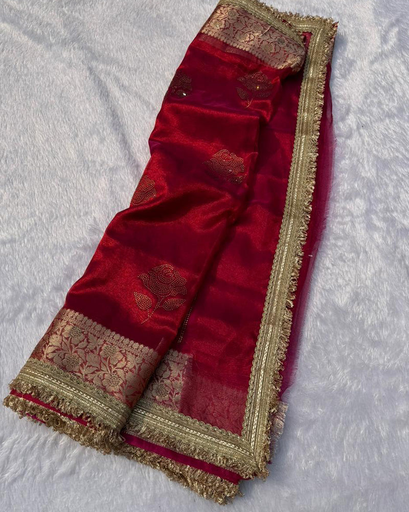 Premium Red Color Organza Tissue Silk Saree