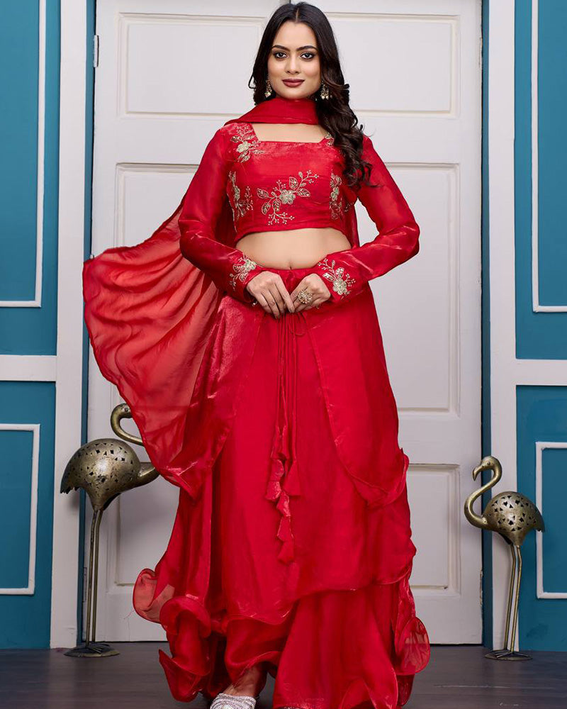Red Color Fendy Satin Silk Embroidered Lehenga Choli