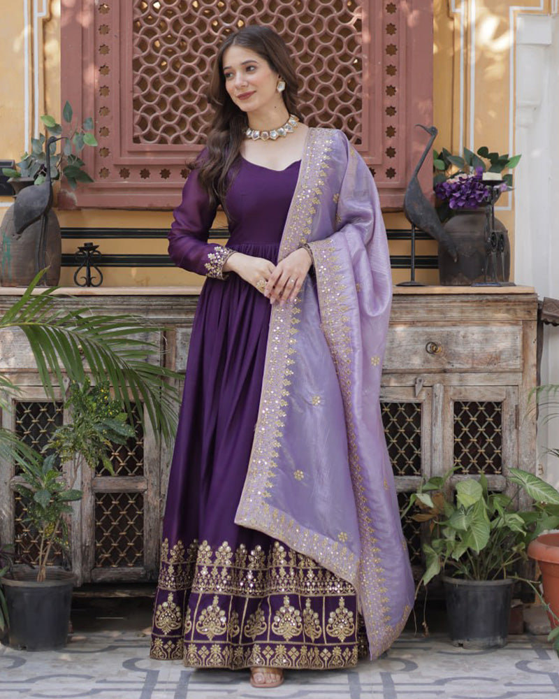 Royal Purple Zari Embroidered Anarkali Gown with Dupatta