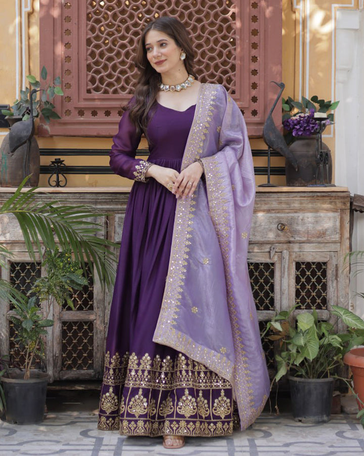 Royal Purple Zari Embroidered Anarkali Gown with Dupatta