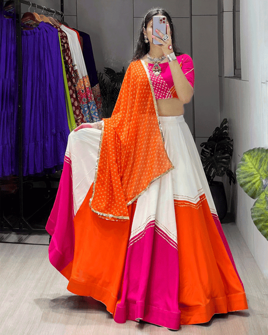 Pink And Orange Color Rayon Cotton Navratri Lehenga Choli